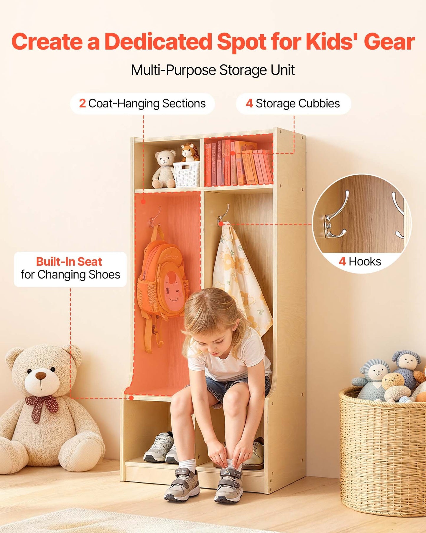 Kids Wooden Coat Locker with Hooks & Storage Cubes - Toddler Organizer, Natural Finish