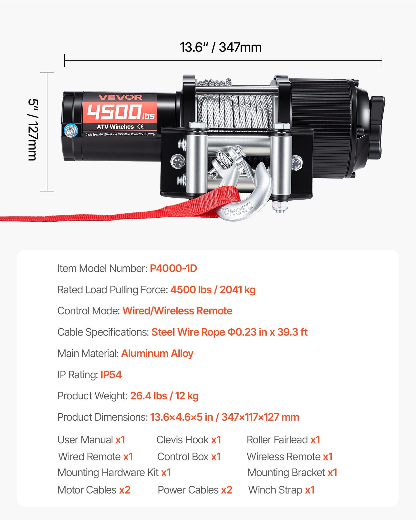 4500 Lb Electric Winch 12V DC for ATV UTV Off-Road with Steel Rope & Wireless Remote