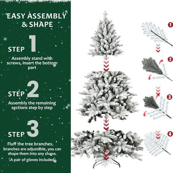 7ft Snowy Flocked Christmas Tree with 1514 Tips - Full Artificial Holiday Decor