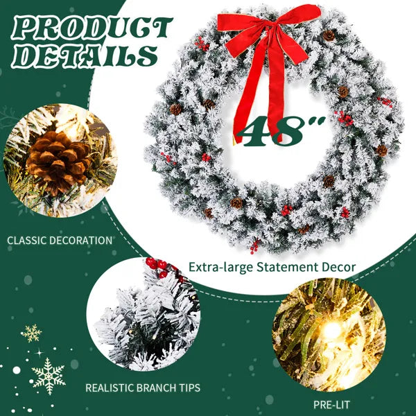 48-Inch Pre-Lit Snow Flocked Christmas Wreath with 150 Lights
