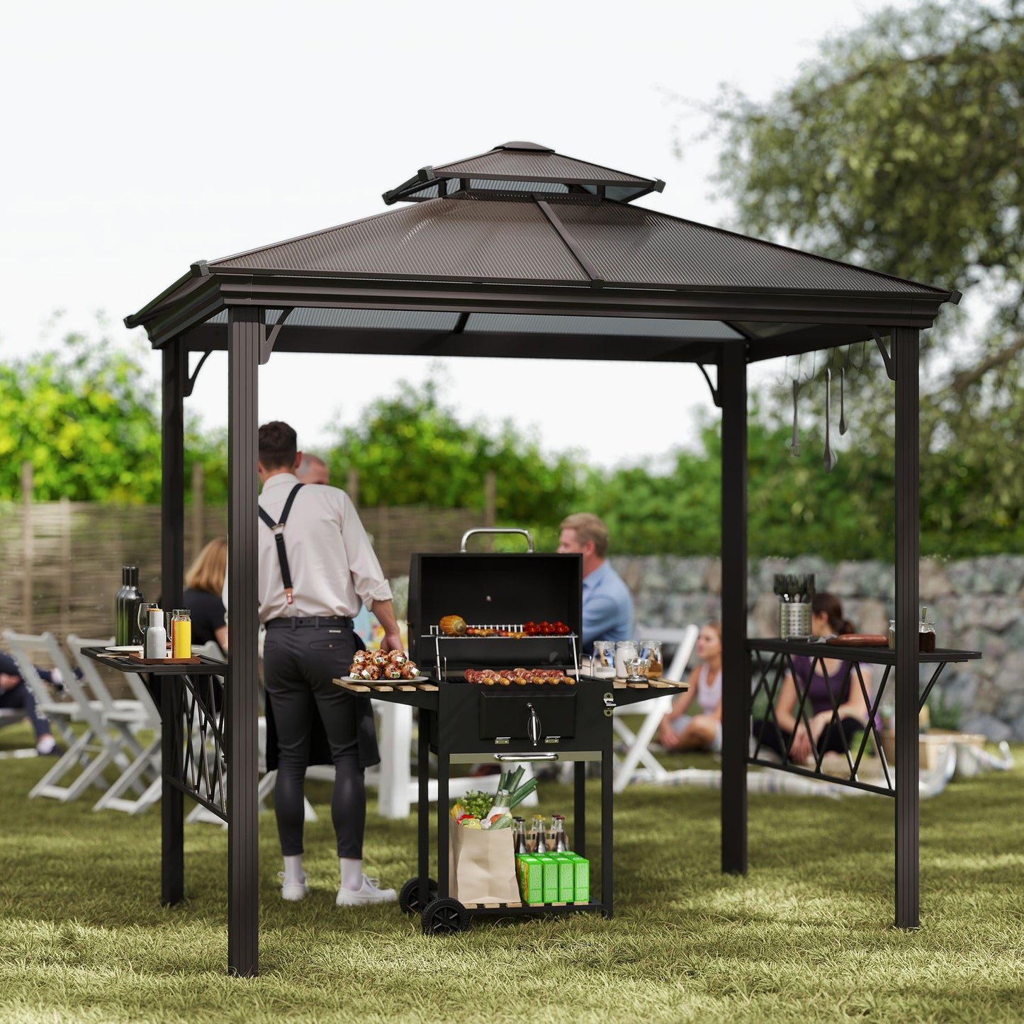 BBQ Canopy Pergola with Double Venting Roof & 6 Hooks - Coffee