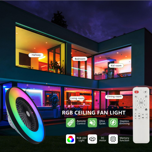 Black Ceiling Fan Light with RGB LED, Dimmable & Remote Control - Modern Smart Fan for Living Room & Bedroom