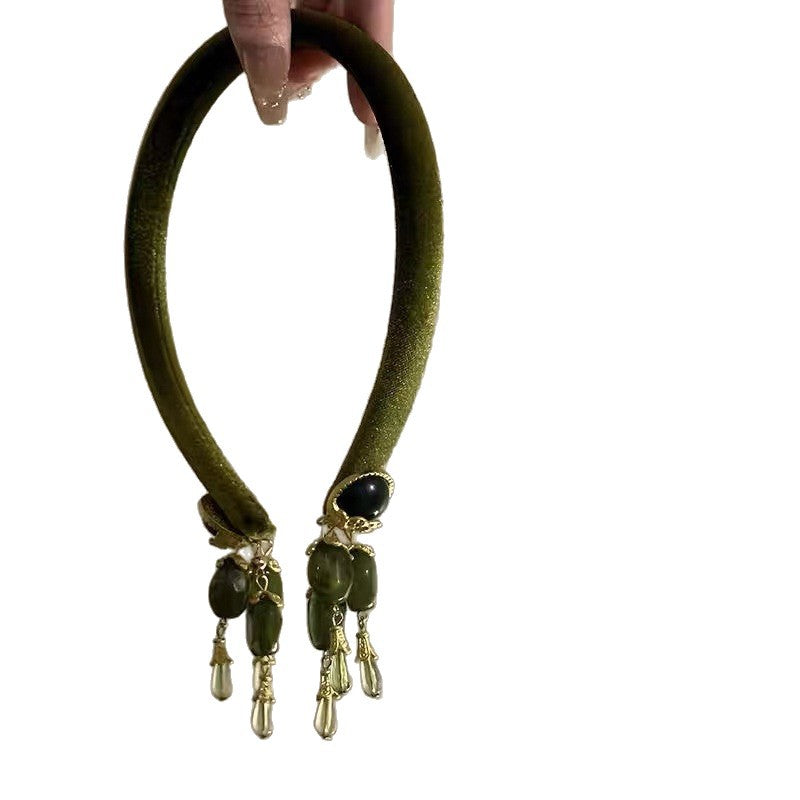 Retro French-Style Olive Green Tassel Headband for Women