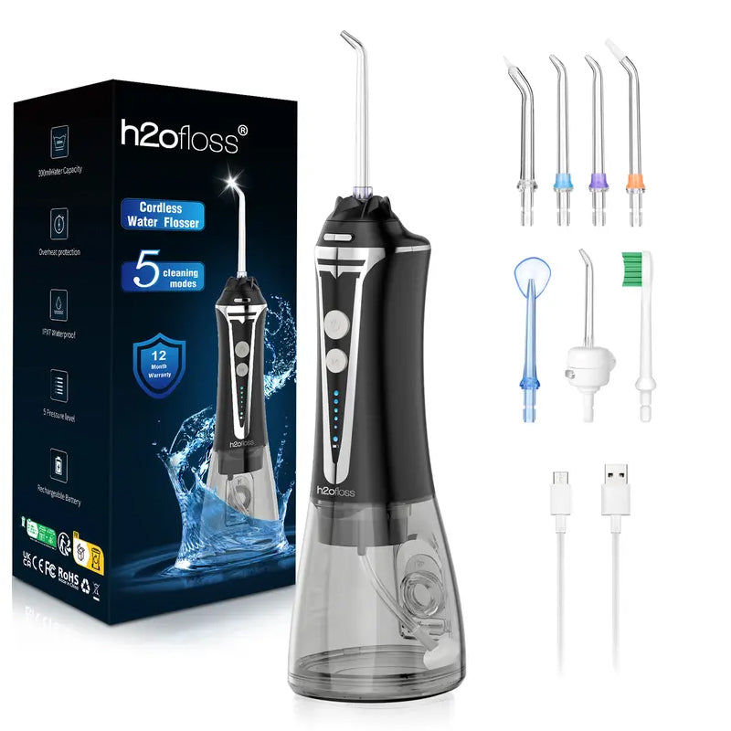 Portable Water Dental Flosser - 5-Mode Cordless Oral Irrigator - Black