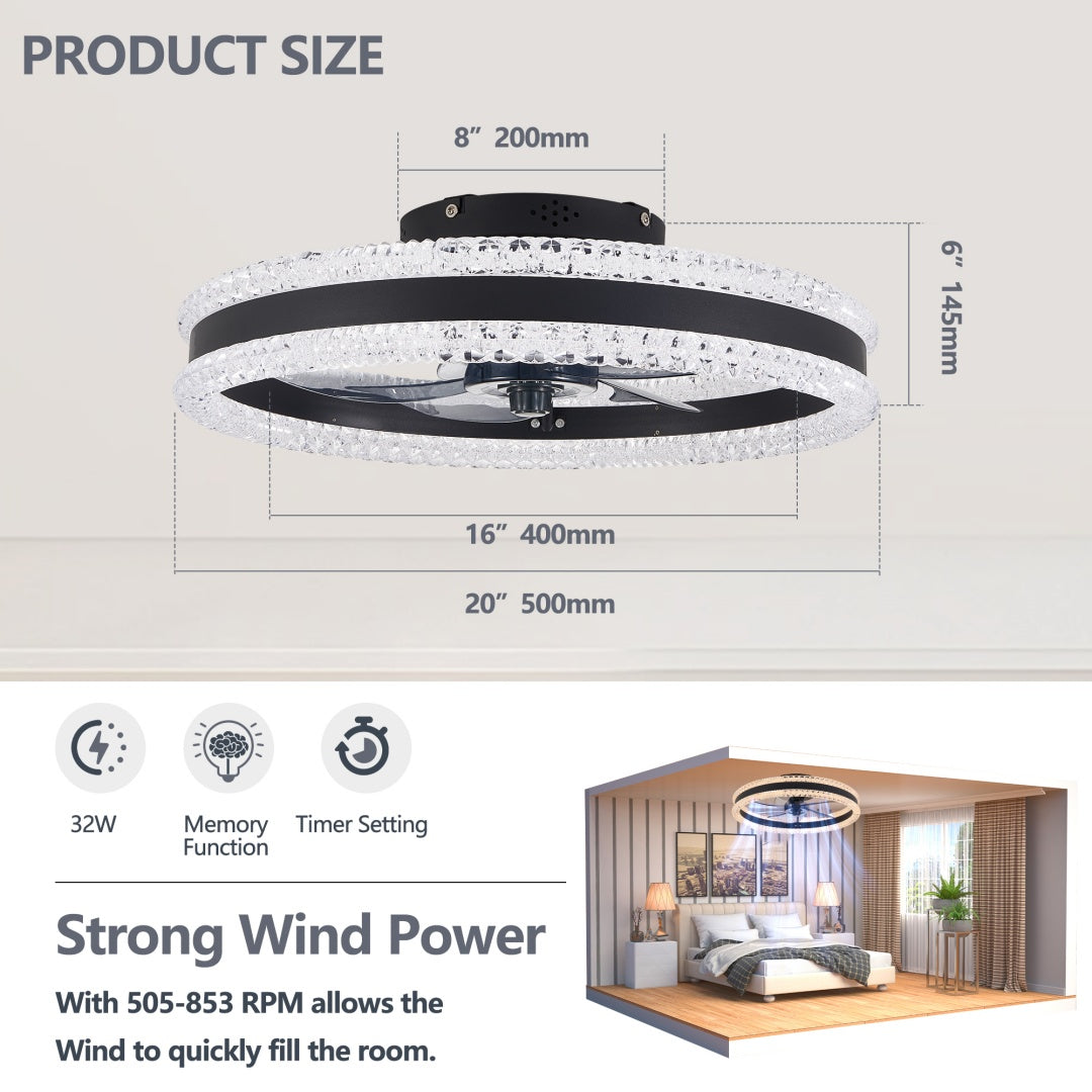 20in Modern Double Ring LED Ceiling Fan with Light Black Remote
