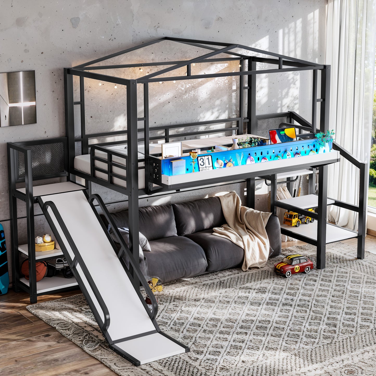 Twin Size Loft Bed with Storage Stairs, USB Ports & LED Lights - Black
