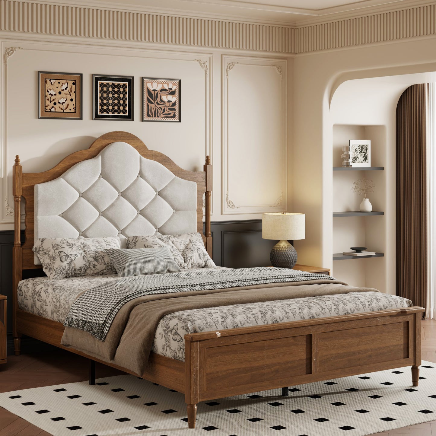 Queen Size Wood Platform Bed Frame with Upholstered Headboard, Brown