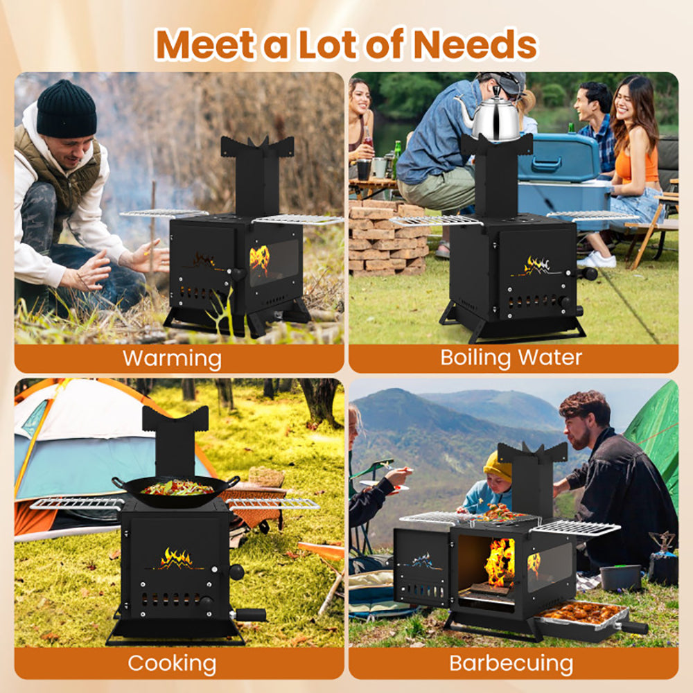 Portable Wood Burning Stove with Oven Pan & Rack - Black
