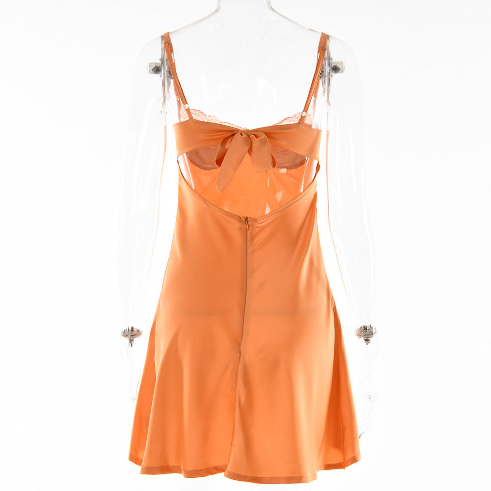 Lace Splicing Sling Short Dress with Low-Cut Design