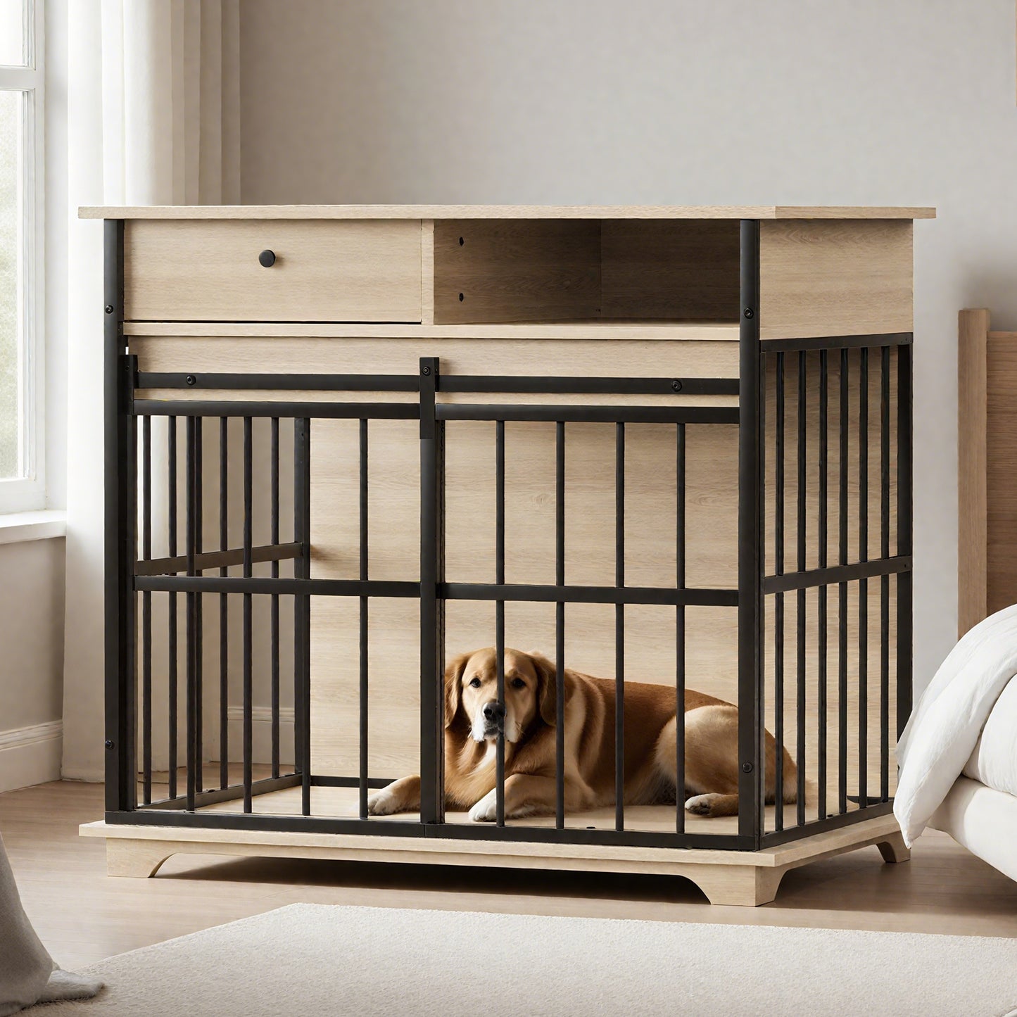 Large Wooden Dog Crate Furniture with Tray - Black Natural