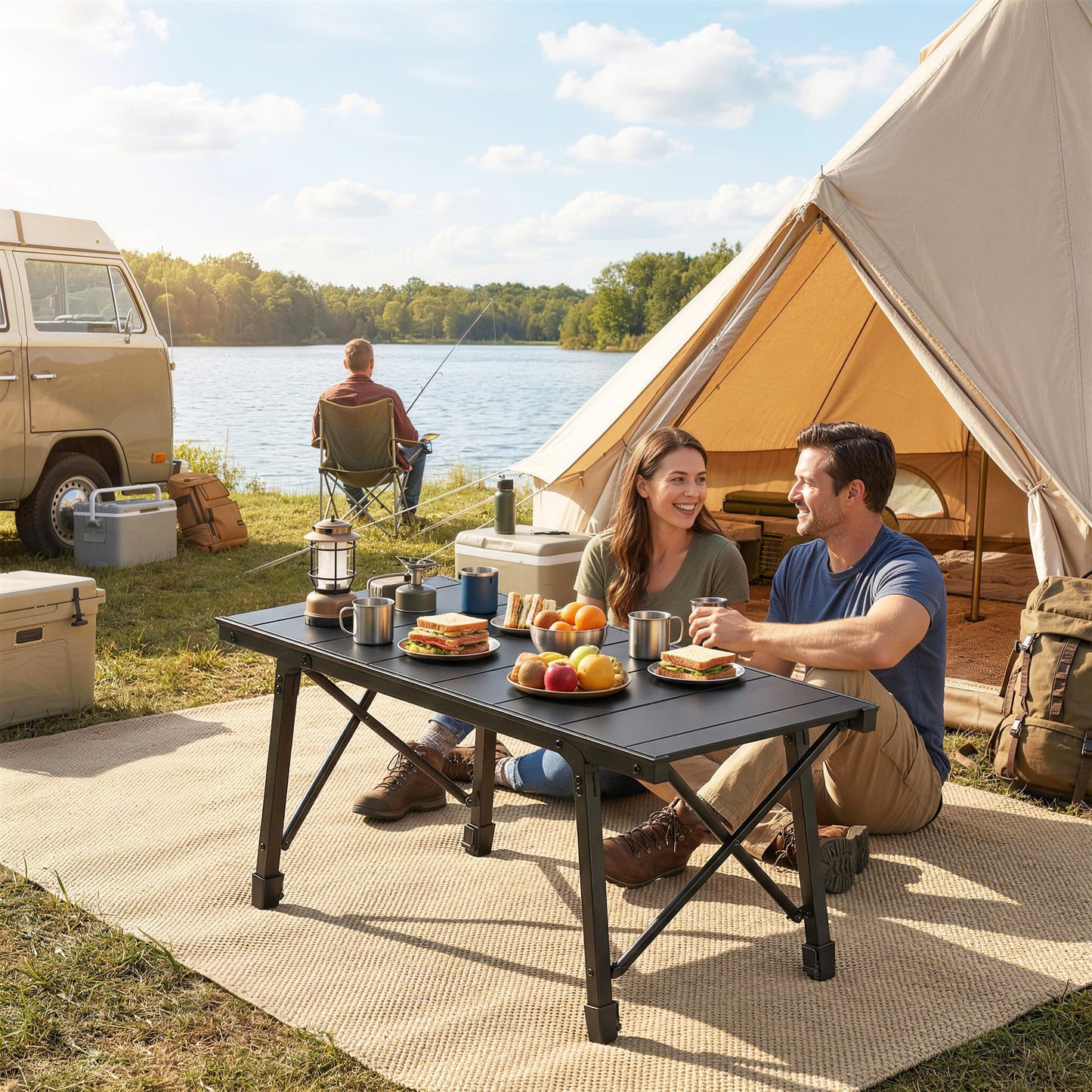 Adjustable Height Folding Picnic Table - Black Aluminum Camping Table