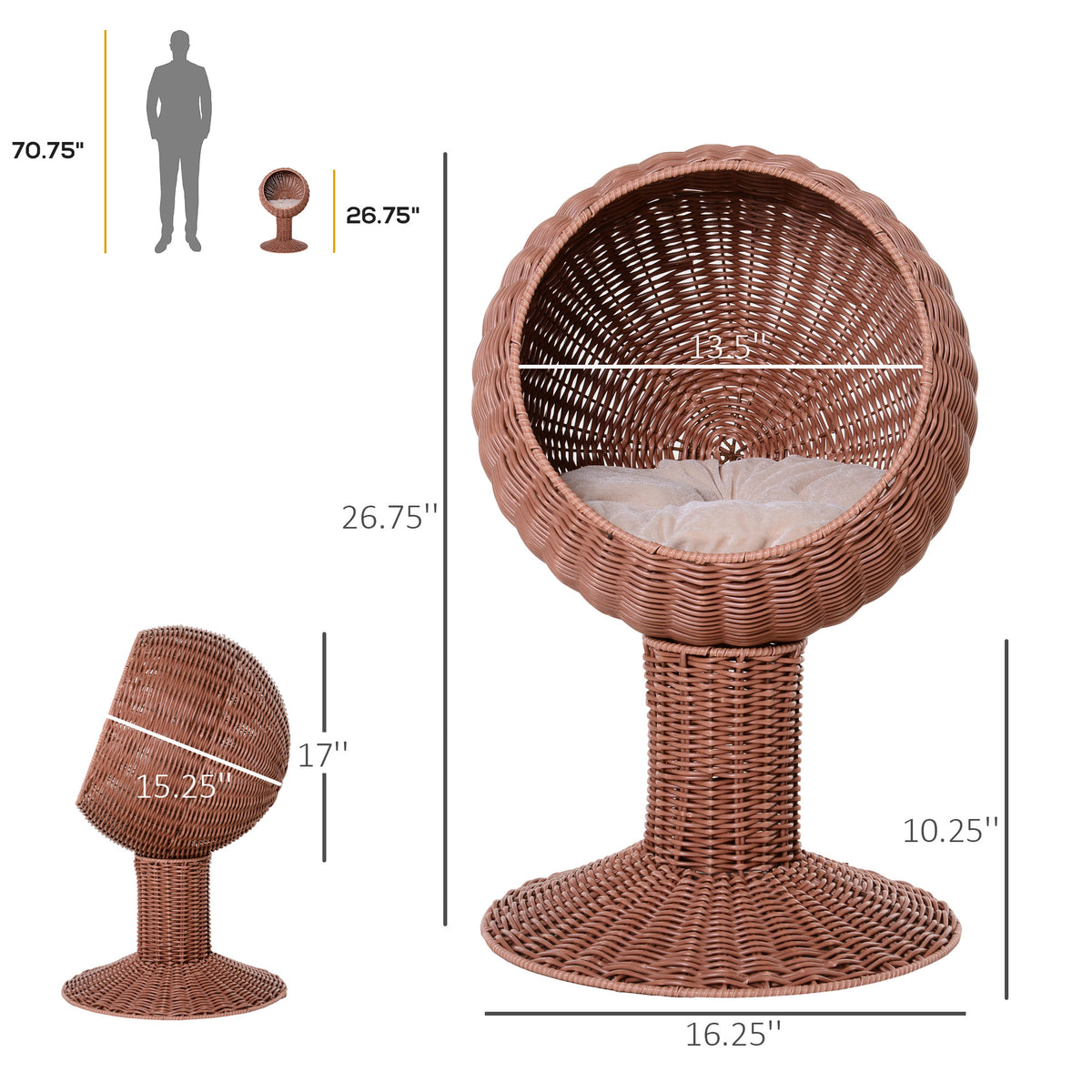 Elevated Cat Bed with Rotatable Egg Chair - Brown, 450x430mm