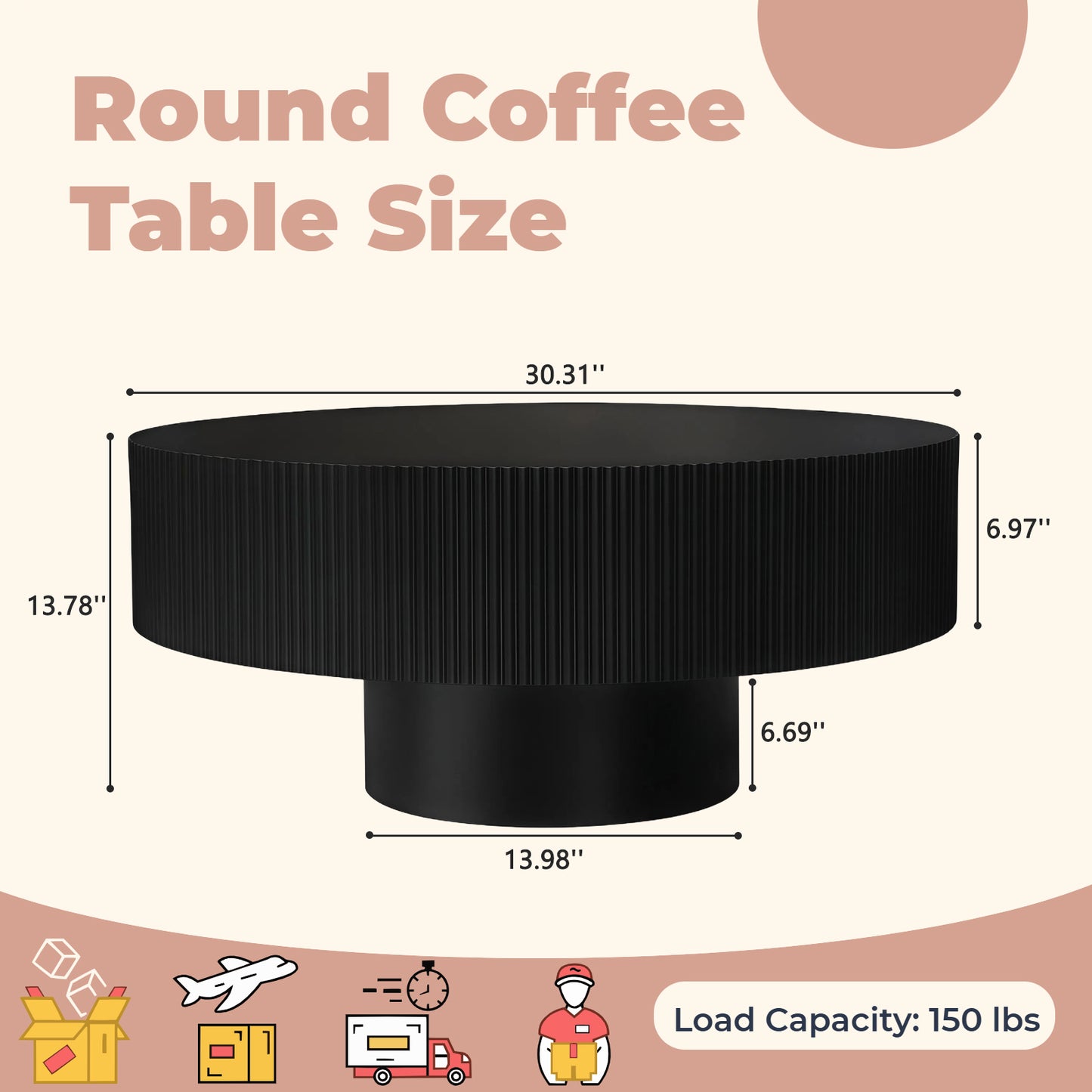 Round Coffee Table, Fluted Table With Sturdy Pedestal, Mid Century