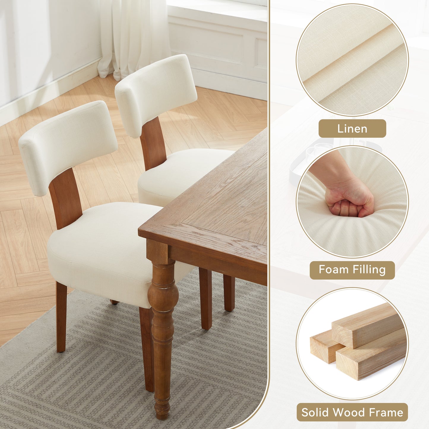 Set of 2 Modern Beige Linen Dining Chairs with Curved Backrest