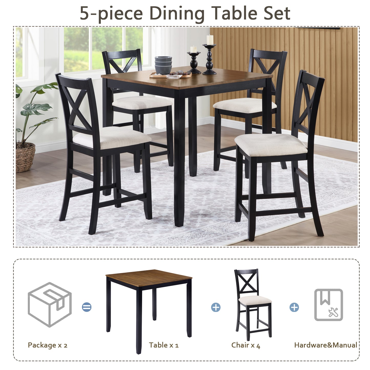 Counter Height Dining Table Set with 4 Chairs - Black & Oak