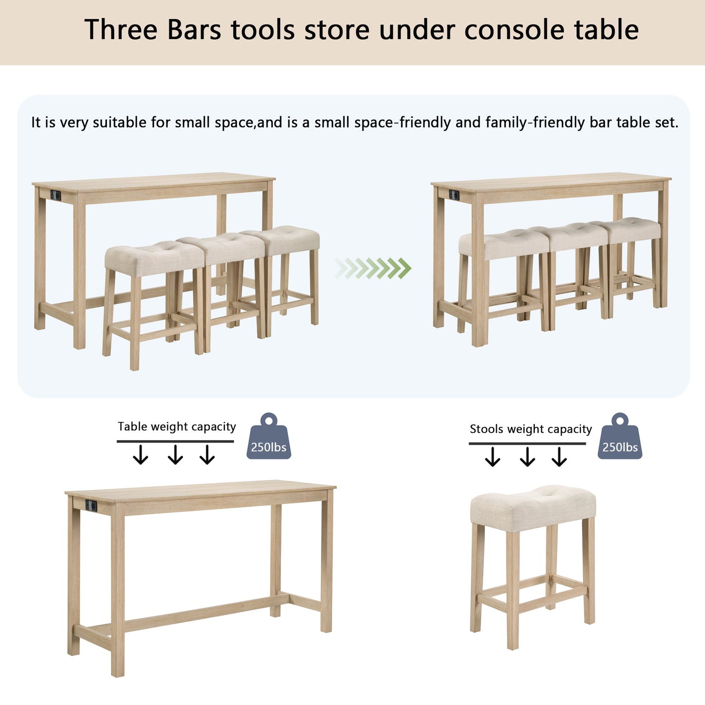 Bar Table Set with Power Outlet & 3 Stools - Light Oak