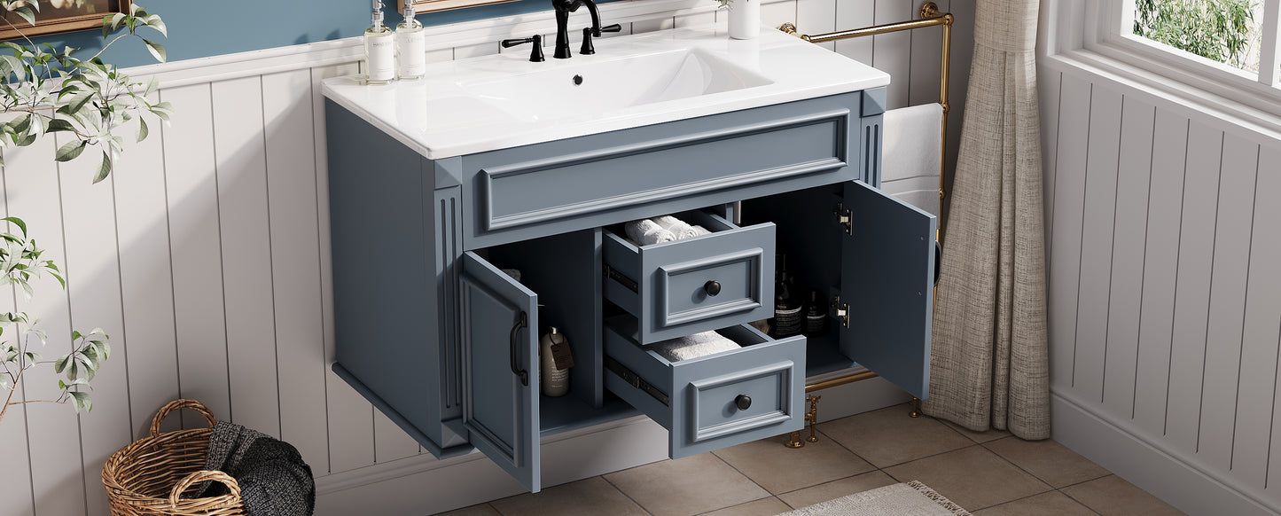 36-Inch Wall Mounted Bathroom Vanity with Ceramic Sink - Blue