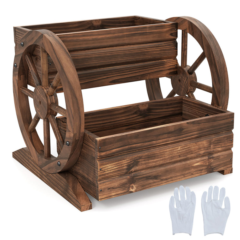 2-Tier Rustic Wood Garden Bed with Drainage & Wheels - Coffee