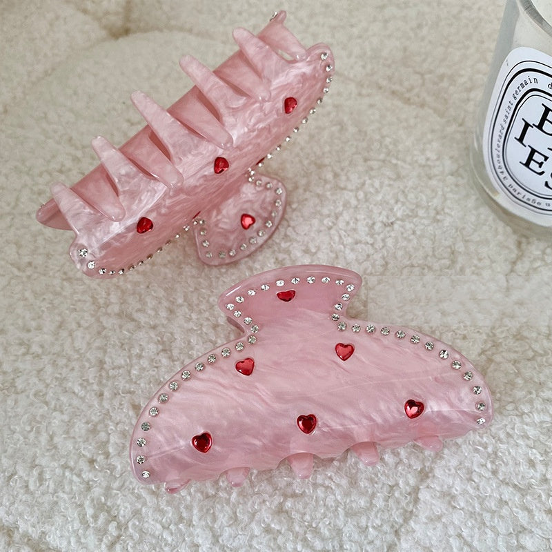 Rhinestone Love Heart Hair Clip - Pink, 10cm
