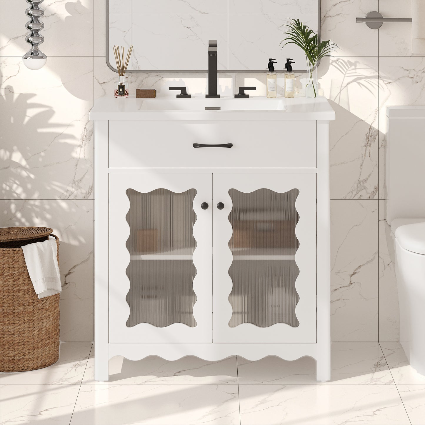 30-Inch Modern Bathroom Vanity with Tempered Glass & Soft Close Doors - White