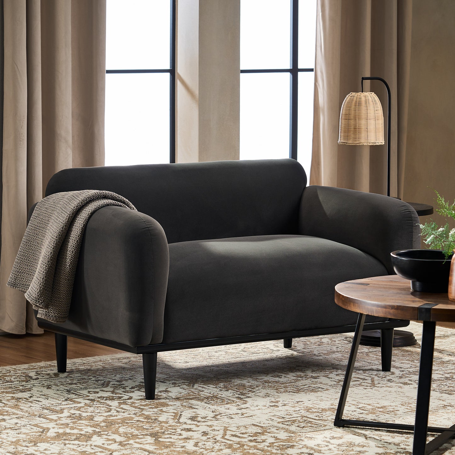 50" Dark Gray Loveseat Sofa - Comfortable 2-Seater with Black Legs