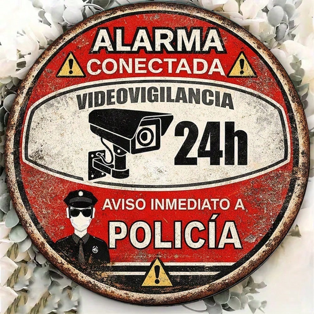 Vintage Spanish 24-Hour Video Surveillance Alarm Sign - Tin