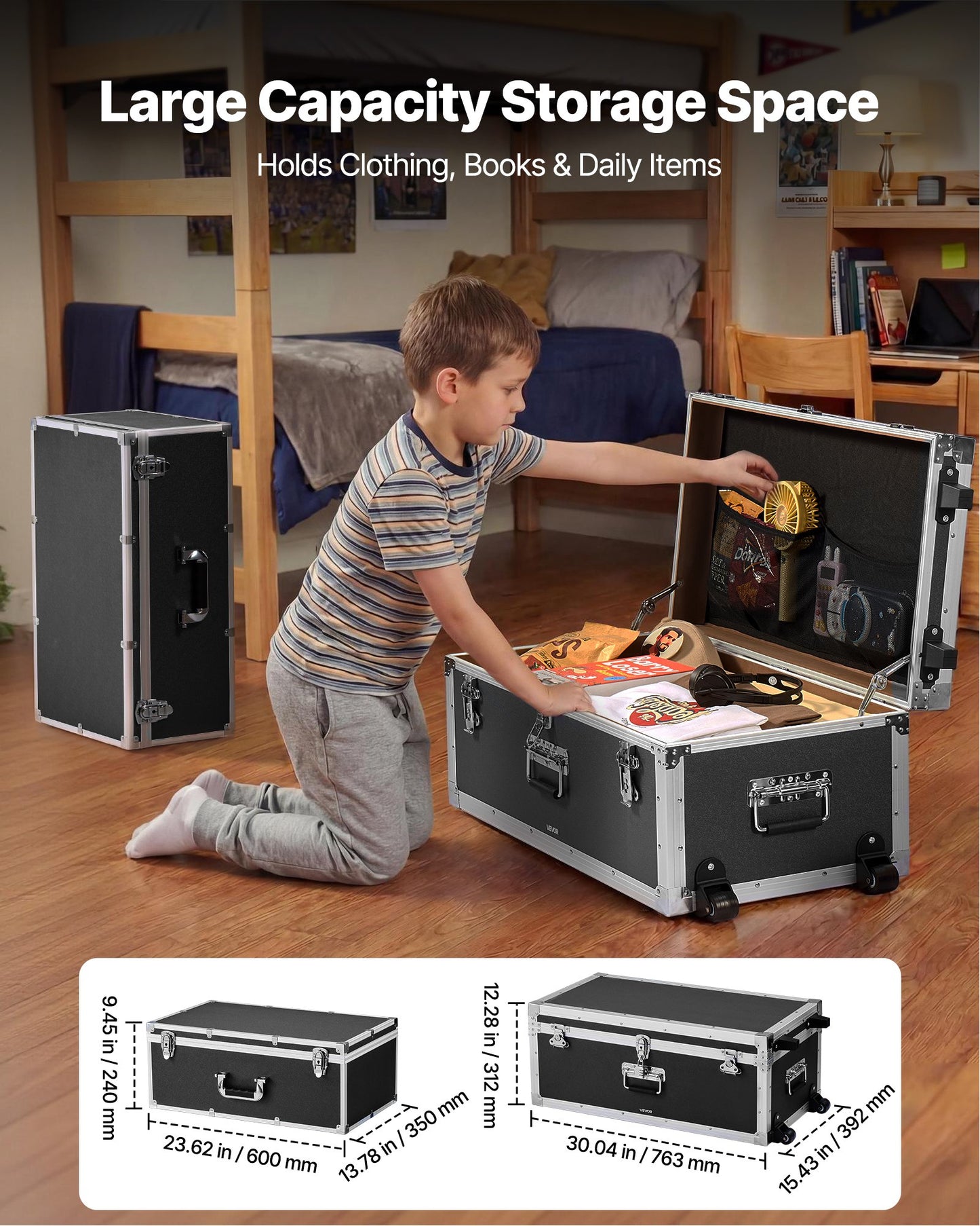 Metal Storage Trunk Set of 2 with Casters & Locking Lids - Large & Small Wooden Suitcases for Travel, Dorm, Home Black