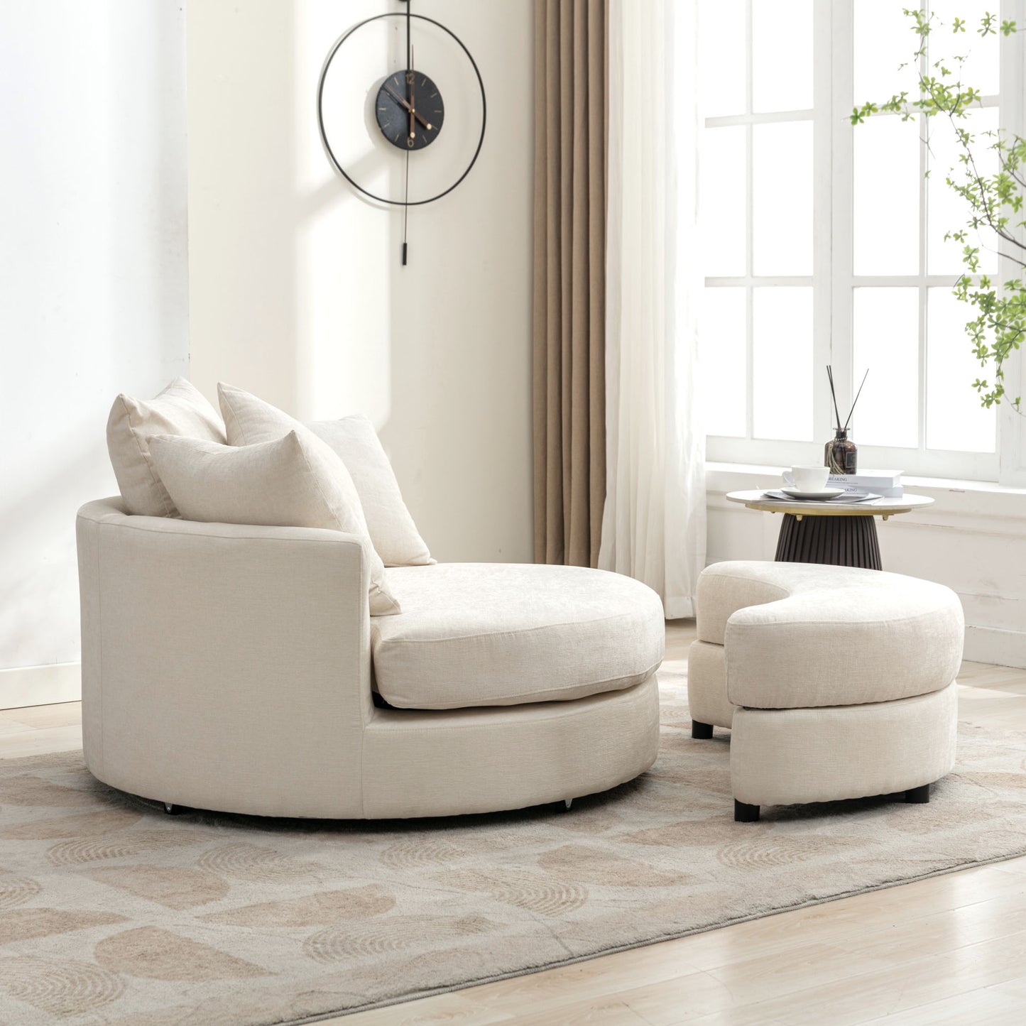 360° Swivel Accent Barrel Chair with Storage Ottoman & 4 Pillows - Cream