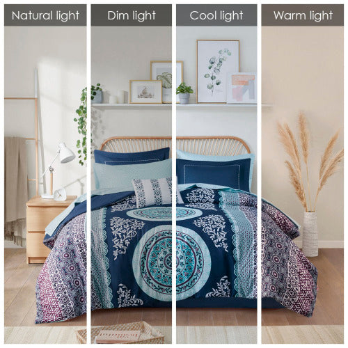 Queen Boho Comforter Set with Bed Sheets - Navy