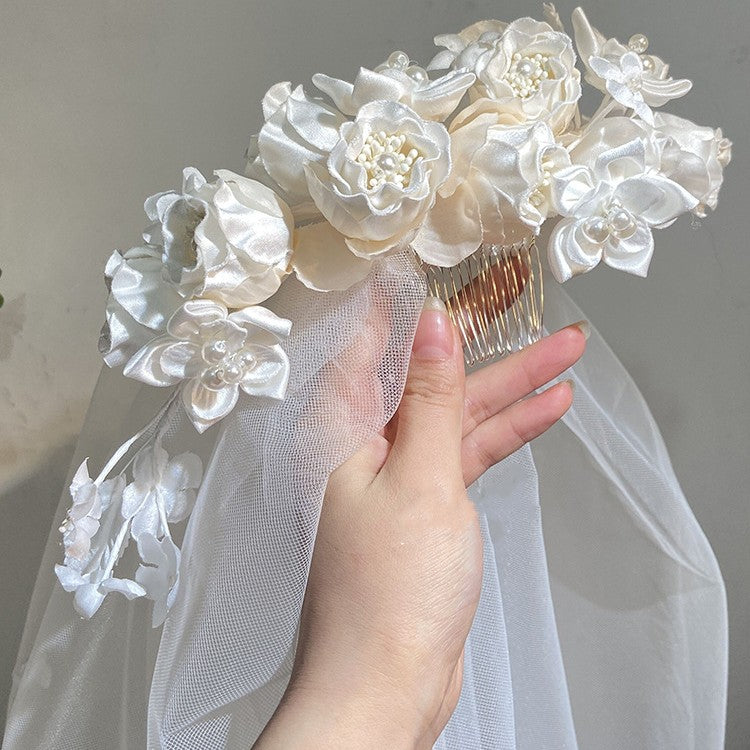 White Flower Wedding Headdress with Double Layer Design