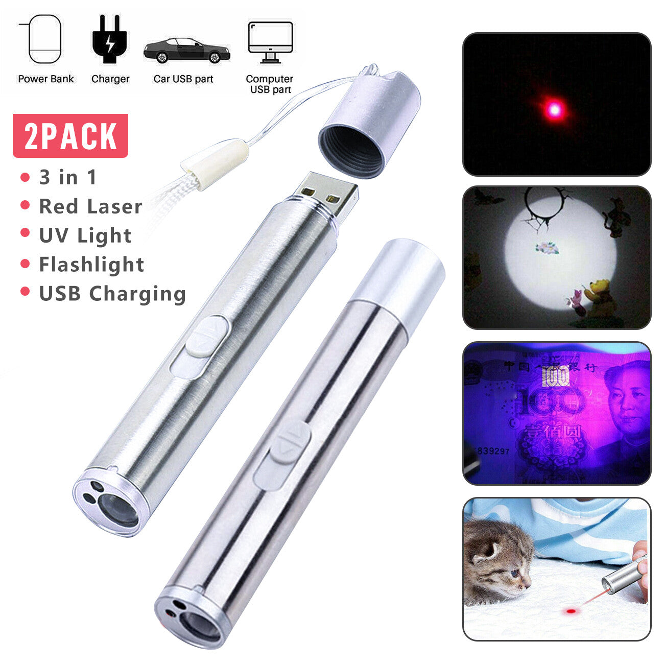 Rechargeable LED Laser Pointer Pen 3-in-1 UV Flashlight for Pets & Detection