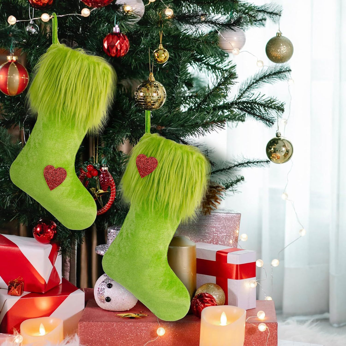 Christmas Green Fur Ornament Stockings Plush Gift Bag Holiday Decor