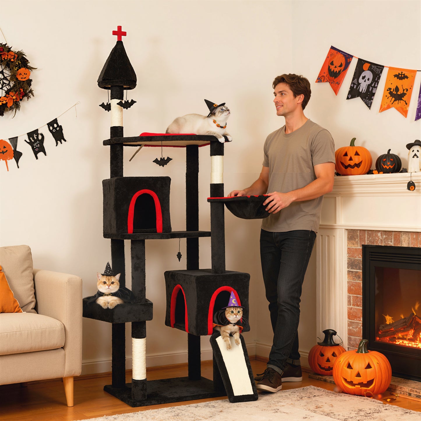 Gothic Cat Tree Tower with Condos & Sisal Scratching Posts - 78 Inch