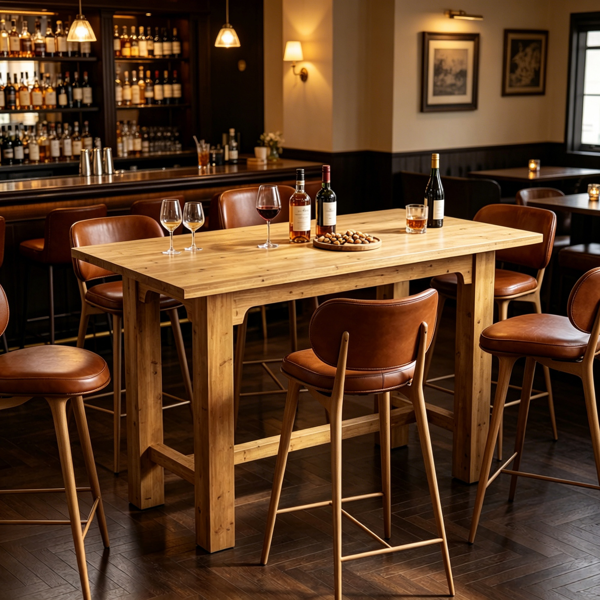 Vintage-Modern Bar Table - Rustic Brown Finish, Spacious Design