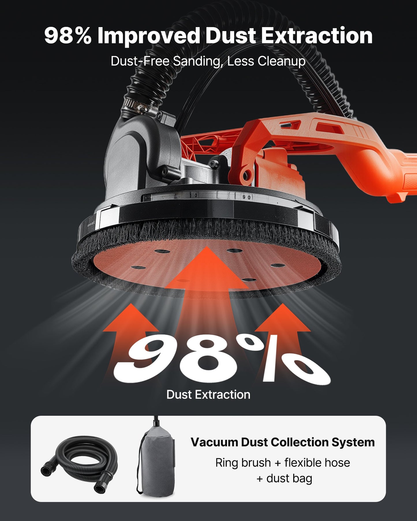 Cordless Drywall Sander 450W with Dust Collection, Variable Speed, LED Light, Black