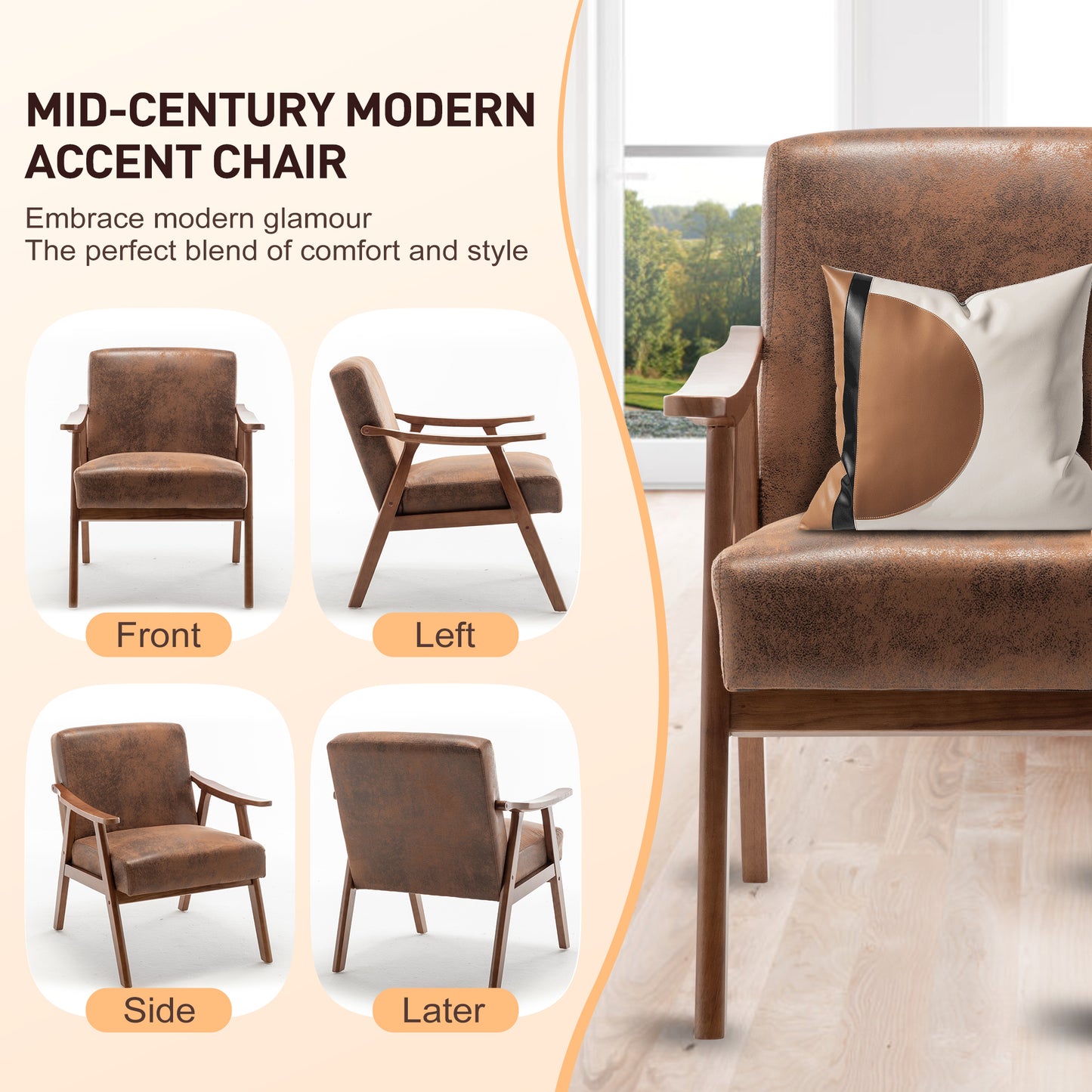 Mid-Century Modern Accent Chair with Solid Wood Frame - Brown