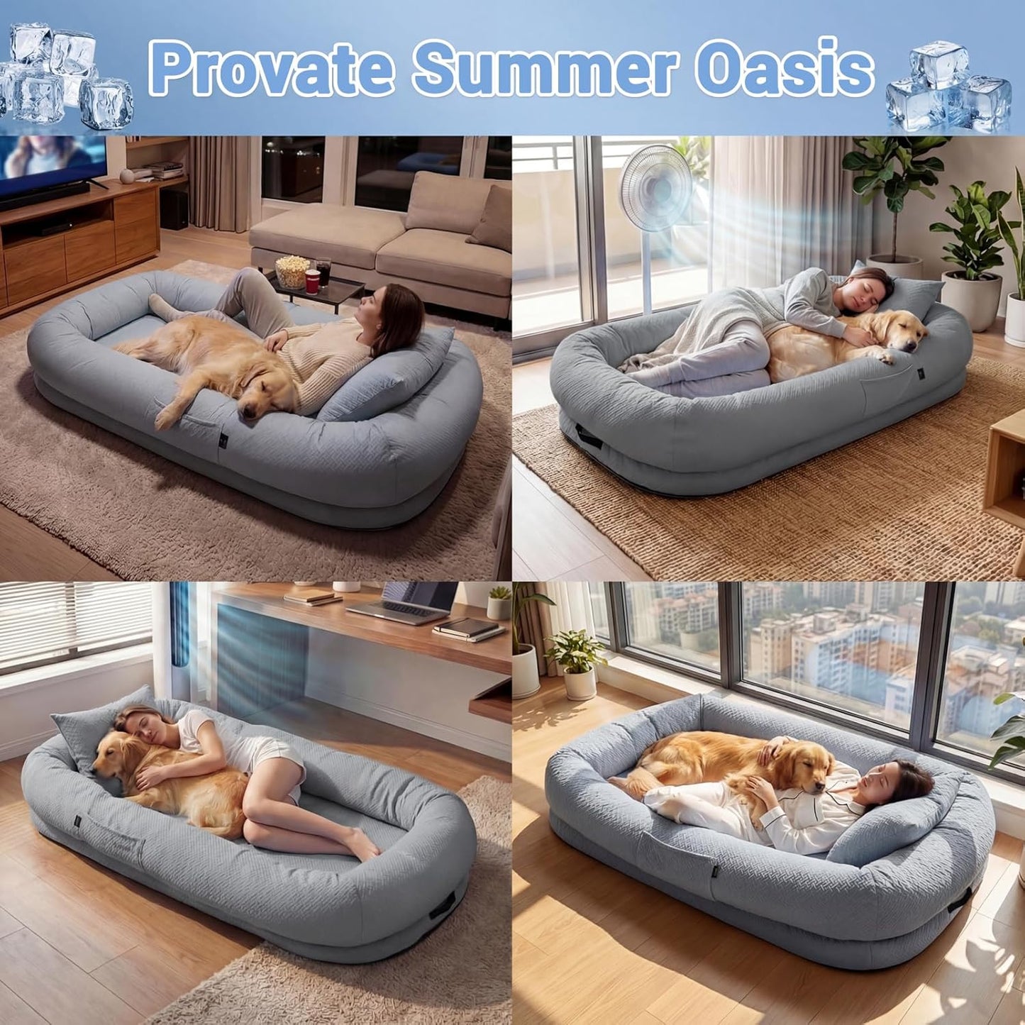 Cooling Dog Bed for Adults & Pets - Breathable Washable Lounger 72x41x12 Inches - Glacier Grey