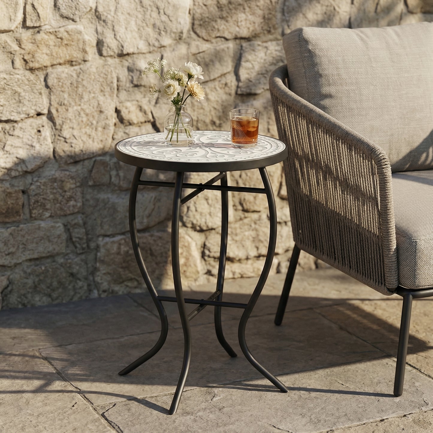 Outdoor Round Side Table with Mosaic Top & Curved Iron Legs - Grey & Black