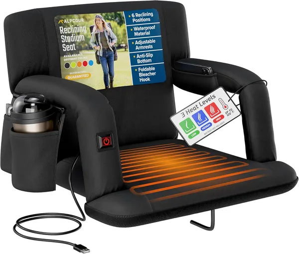 Heated Reclining Stadium Seat with Back Support - Black 21"