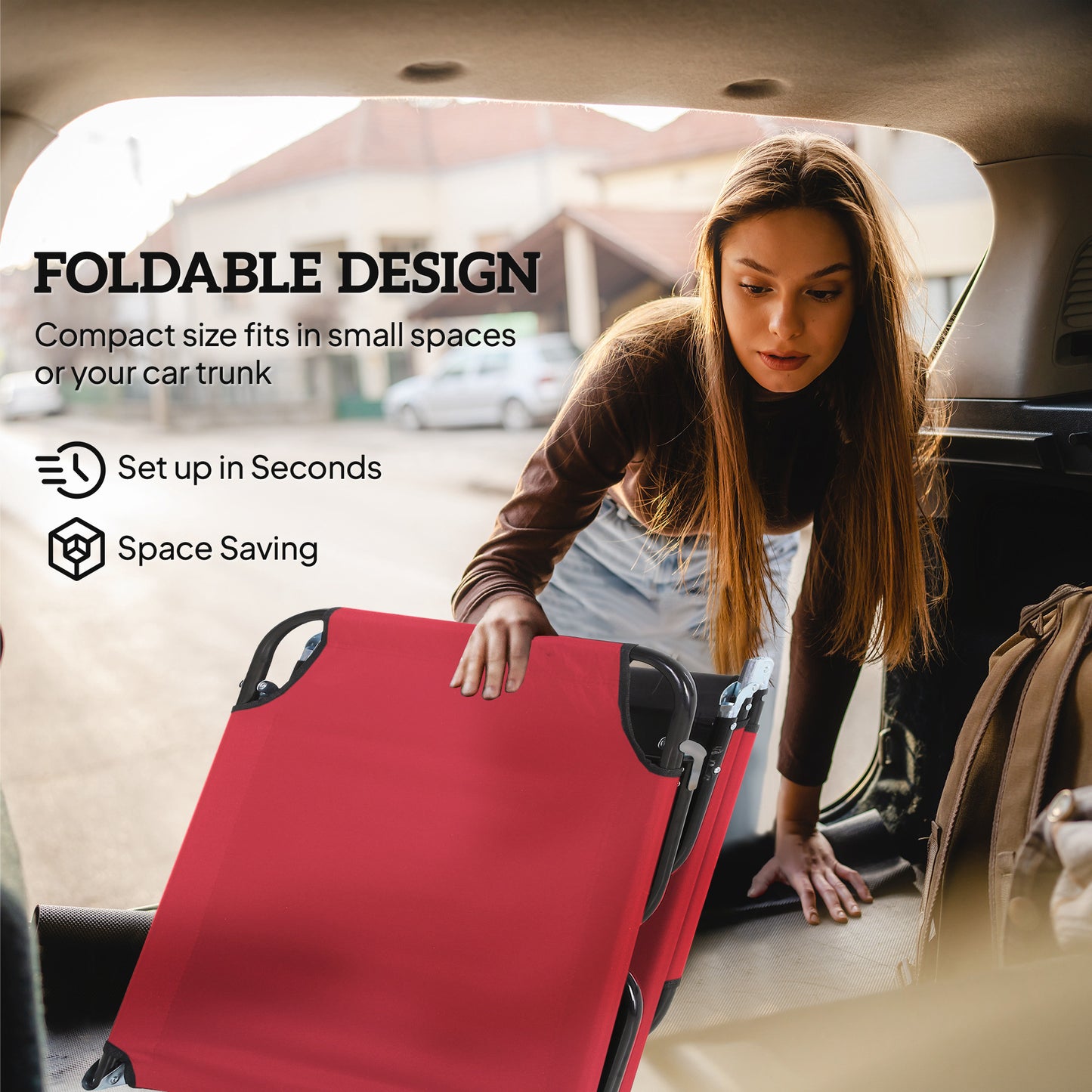 Folding Chaise Lounge Chair - 5-Level Recline, Steel Frame, Red