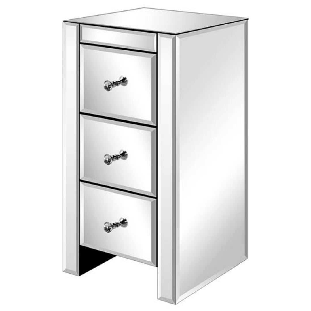Mirrored Glass Bedside Table with 3 Drawers - Silver