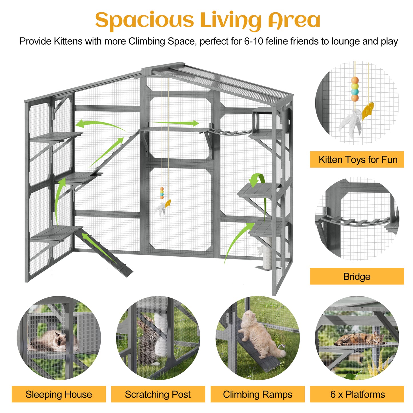 Outdoor Cat Enclosure with 6 Platforms Climbing Ramp & Resting Box for Multiple Cats - Grey