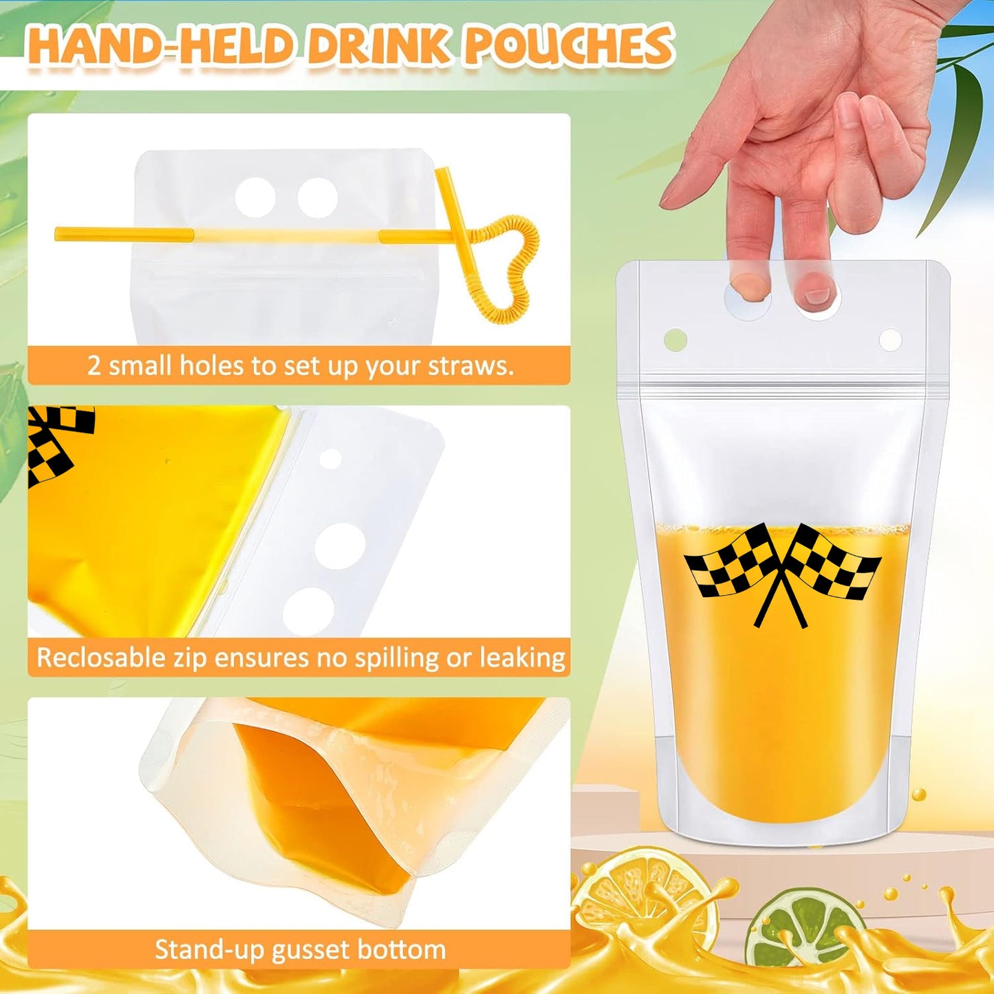 40 Clear Drink Pouches with Straws - Multi-Color Set