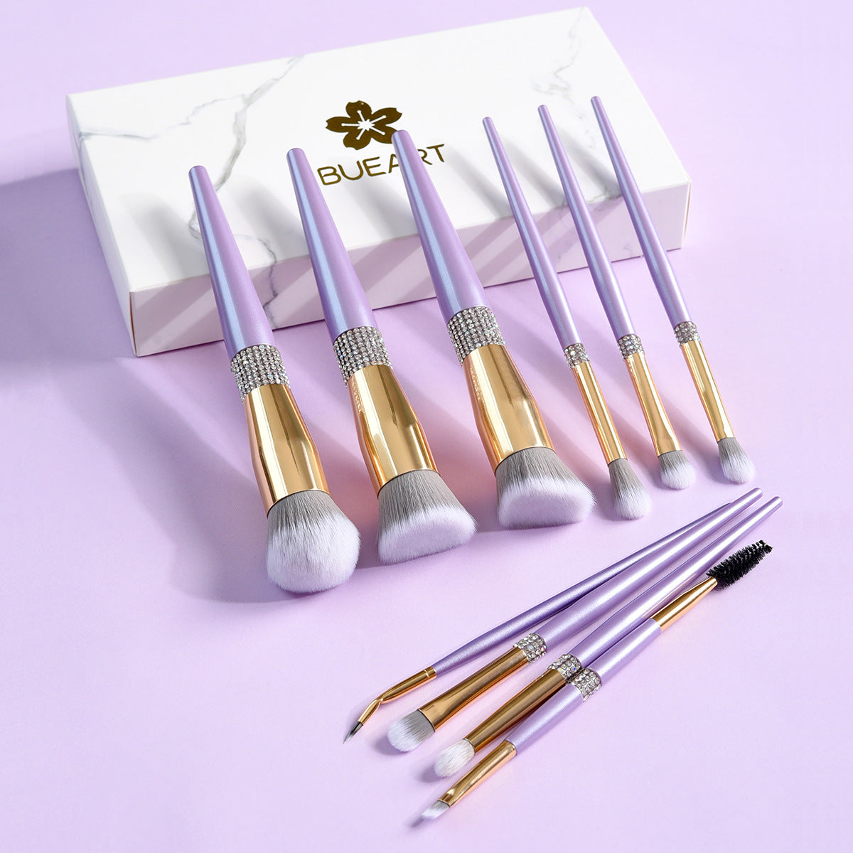 10-Piece Lilac Makeup Brush Set with Diamond Accents - Cosmetic Tools
