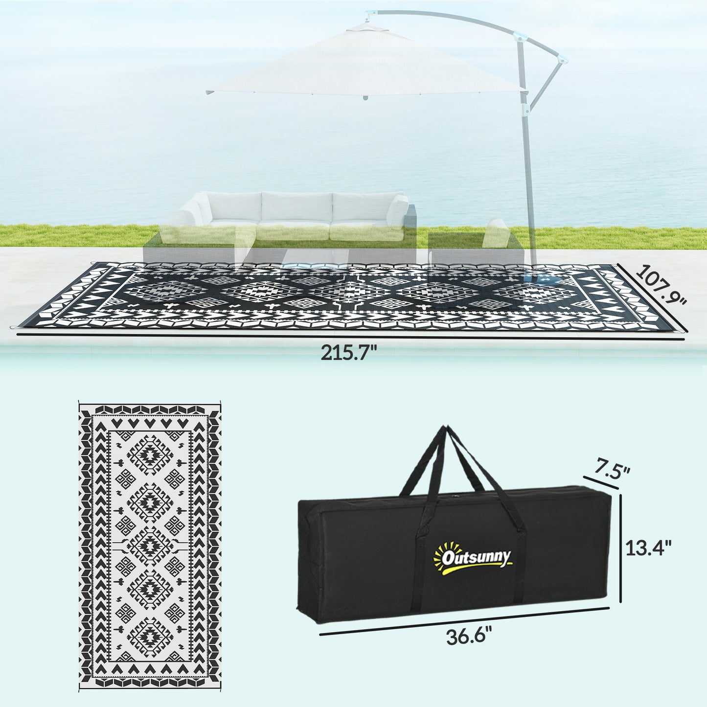 Reversible Outdoor Rug - Waterproof Plastic Straw, 9' x 18', Black & White Rhombus Patchwork