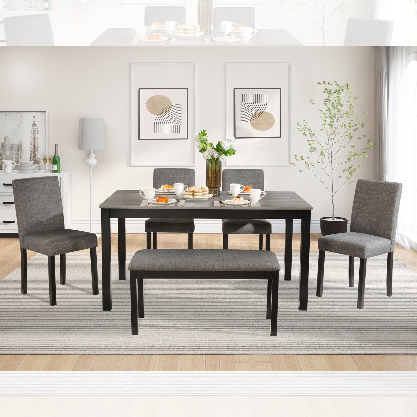 6-Piece Wooden Dining Table Set with Bench & Chairs - Light Grey & Black