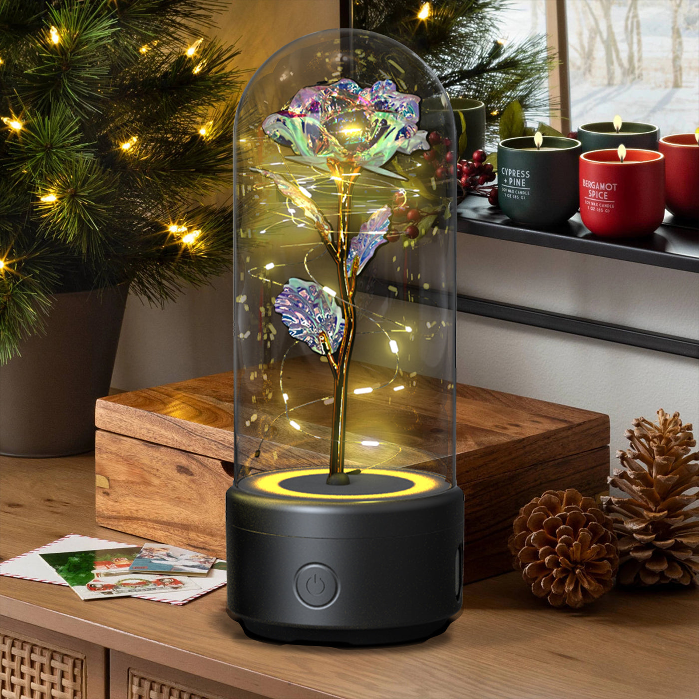 2-in-1 Rose LED Night Light with Bluetooth Speaker - Romantic Glass Decor