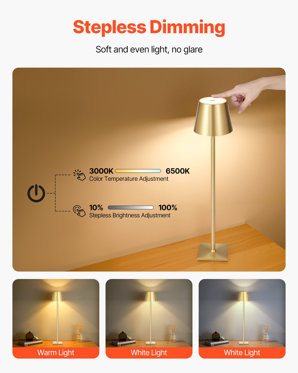 Rechargeable Cordless Table Lamp Set - Adjustable Height Gold, 2 Pack