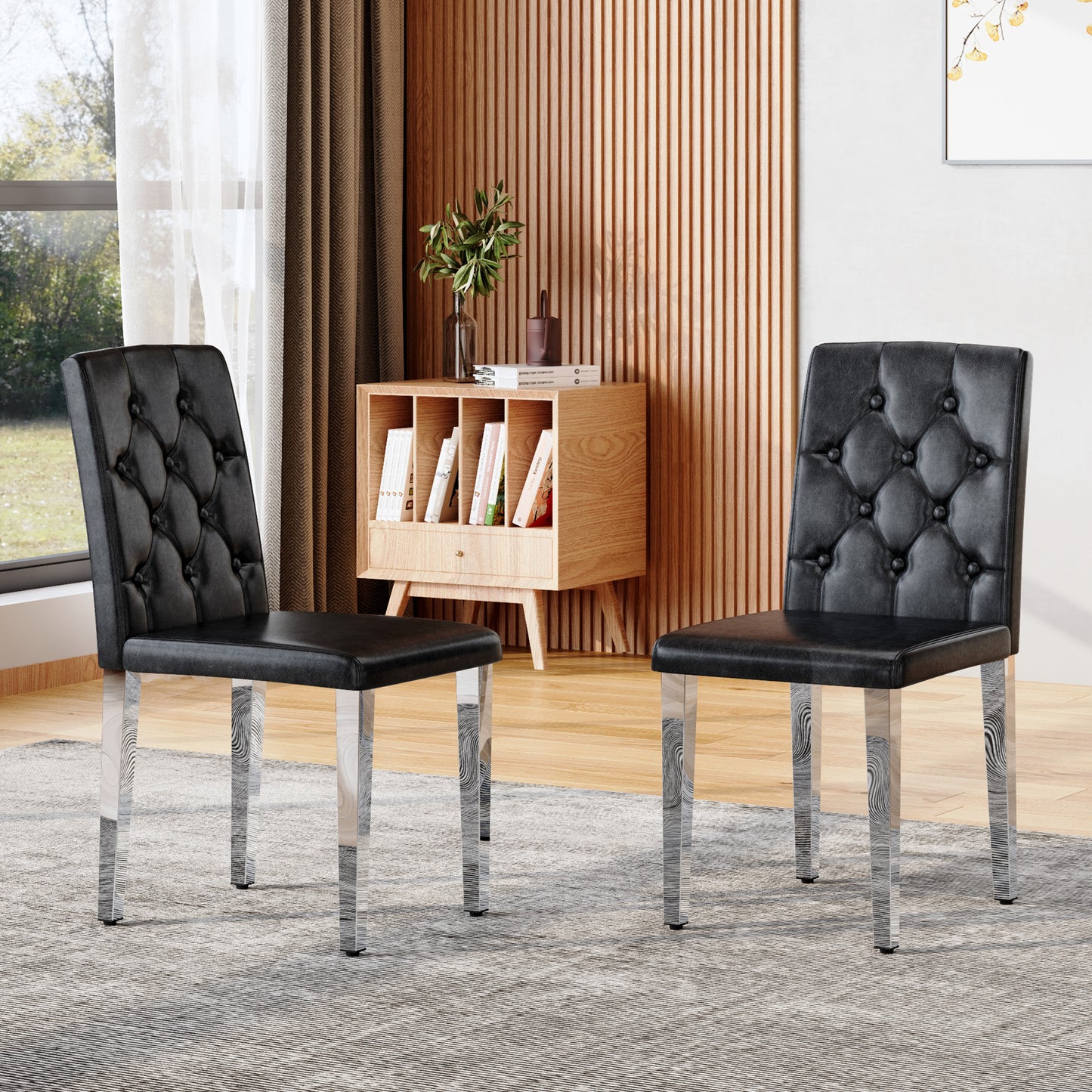 2-pack Black PU Dining Chairs Ergonomic Buckle Backrest, 35 Inches