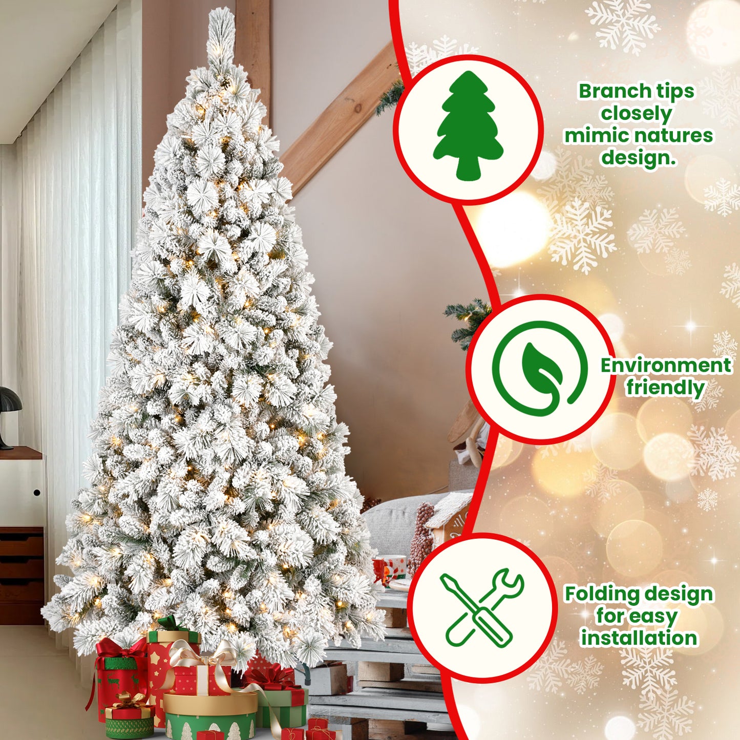 Flocked PVC Christmas Tree with Warm White LED Lights - Multiple Heights
